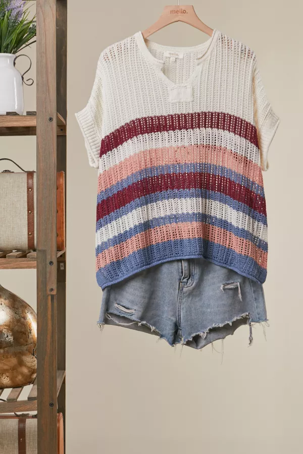wholesale clothing boho striped crochet open knit top mello