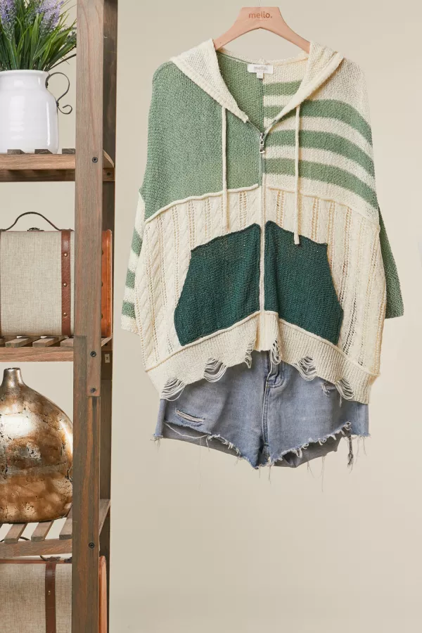 wholesale clothing stripe distressed knit hoodie mello