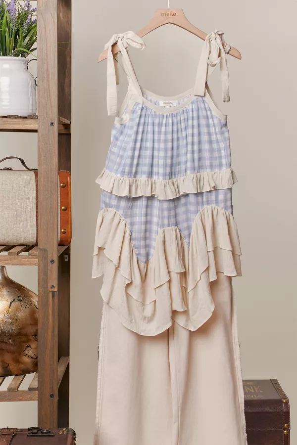 wholesale clothing blue check layered tunic mello