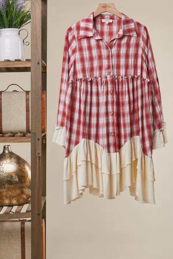 wholesale clothing boho plaid button-down shirt dress with ruffled mello