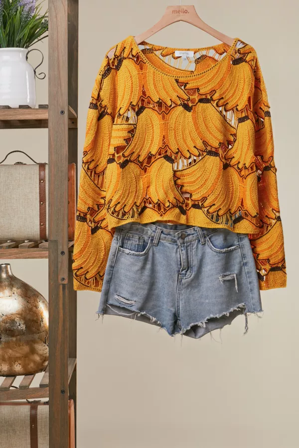 wholesale clothing banana motif sheer crochet long sleeve top mello