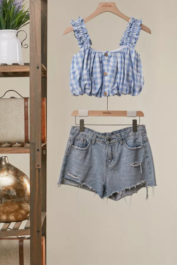 wholesale clothing smocked shoulder gingham crop top mello