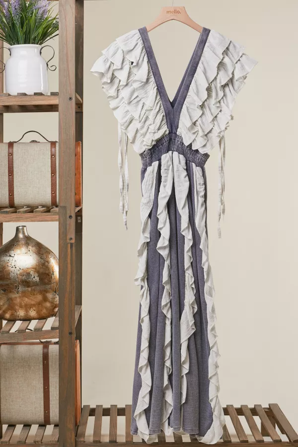 wholesale clothing soft tiered ruffle v-neck maxi dress mello