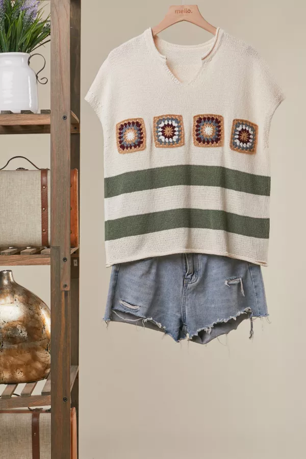 wholesale clothing granny square cropped sweater with stripes mello