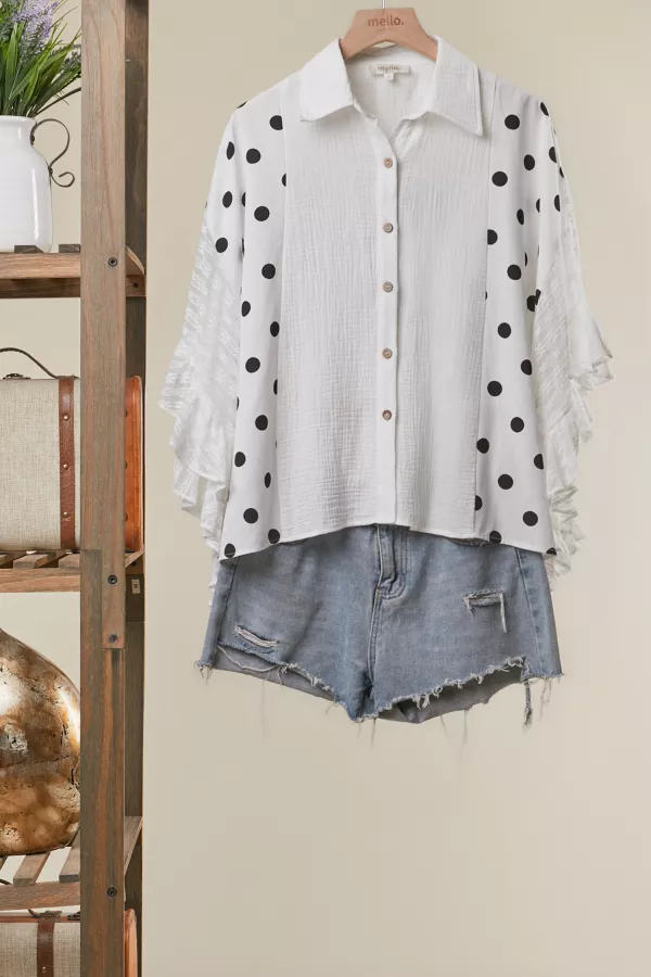 wholesale clothing polka dot shirts with lace trimming mello