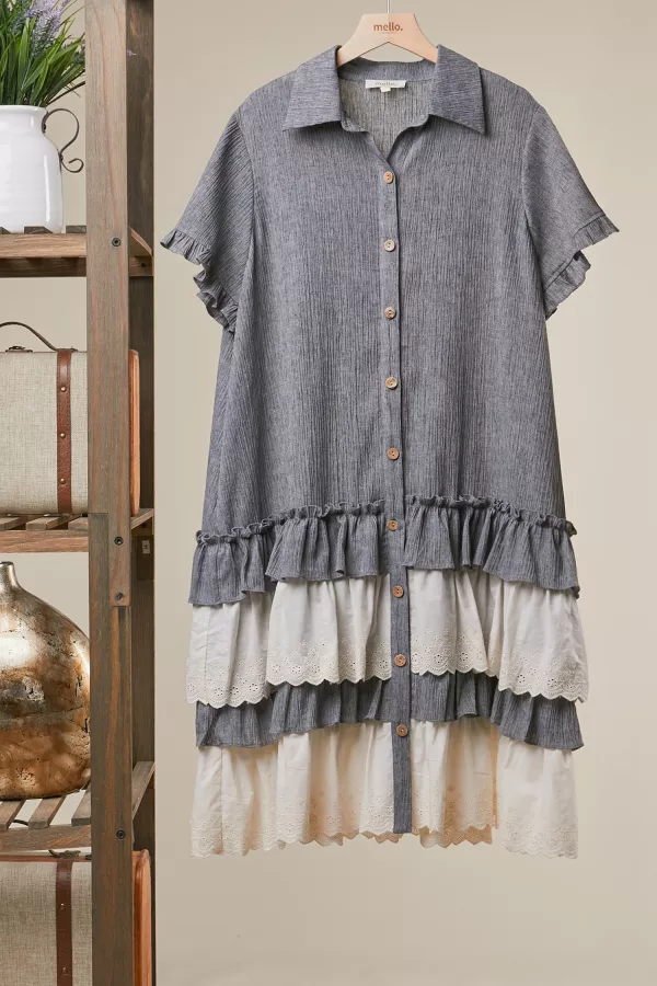 wholesale clothing washed charcoal tiered ruffle button down shirt mello