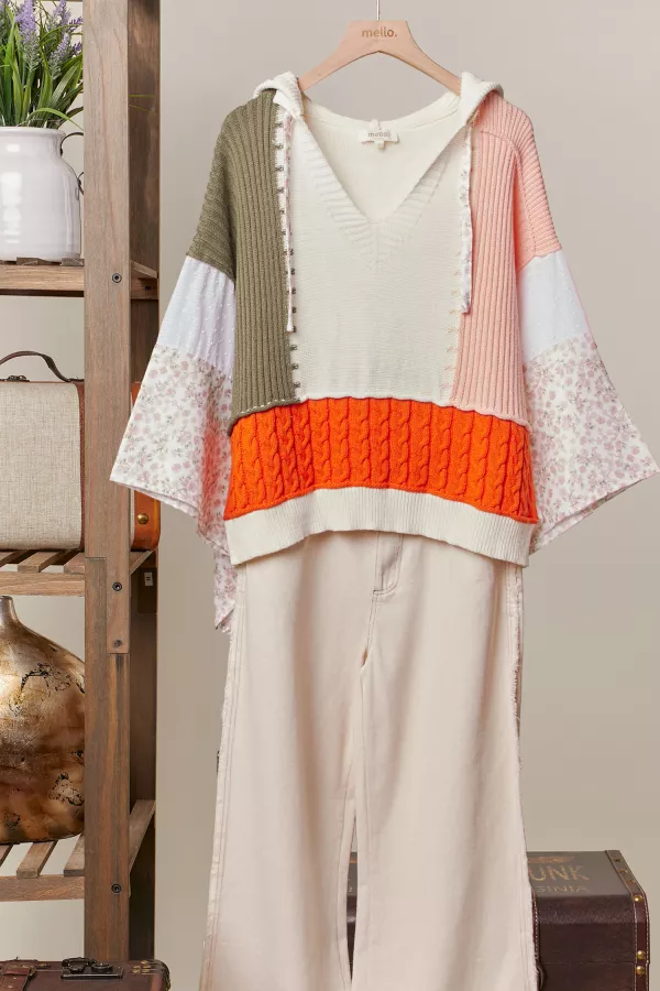 wholesale clothing color block crochet v neck hoodie mello