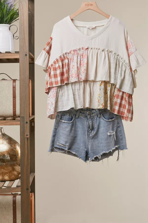 wholesale clothing vintage patchwork ruffle hem top mello