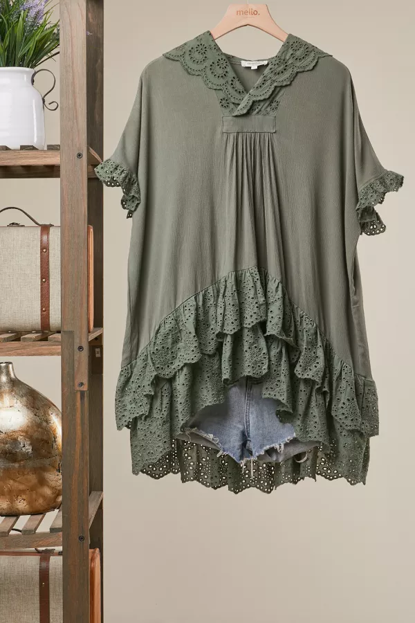 wholesale clothing eyelet lace layered hooded top mello