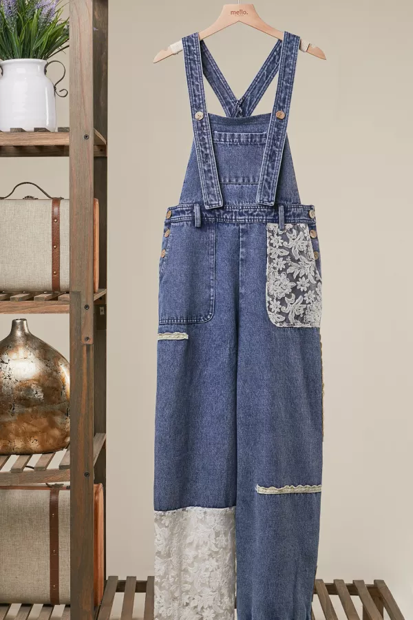 wholesale clothing boho lace panel denim overall mello