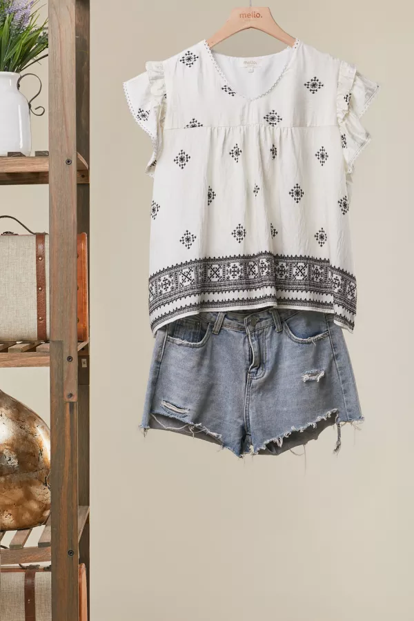 wholesale clothing embroidered v neck ruffle blouse mello