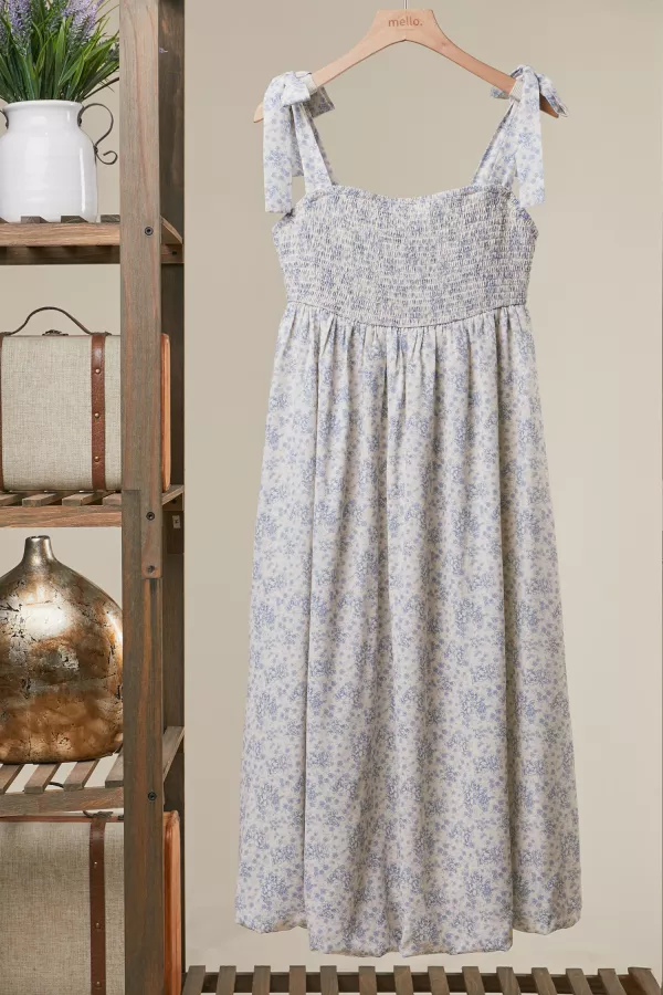 wholesale clothing floral print smocked midi dress with tie straps mello
