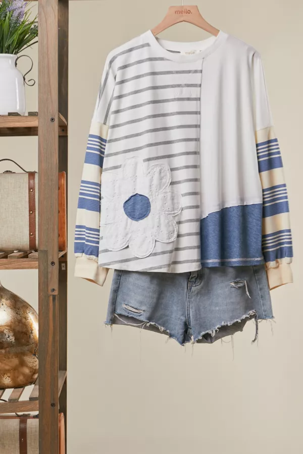 wholesale clothing striped floral embroidered top mello