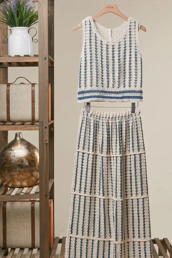 wholesale clothing boho crochet stripe two piece set mello