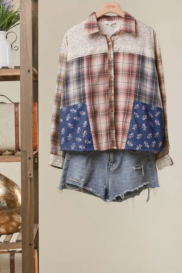 wholesale clothing patchwork plaid lace trim button up shirt mello