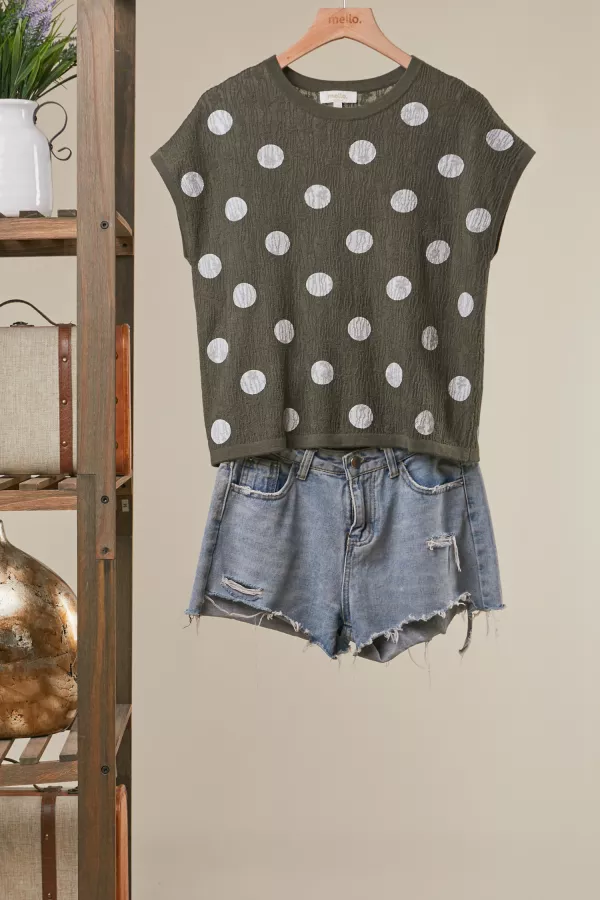 wholesale clothing textured polka dot cap sleeve top mello