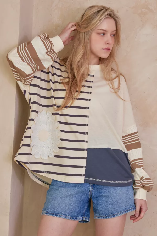 wholesale clothing striped floral embroidered top mello