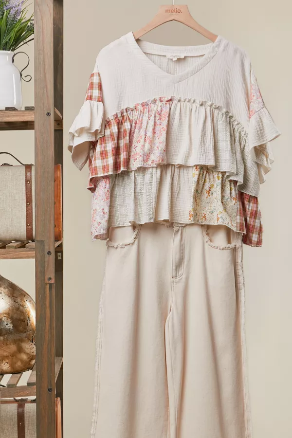 wholesale clothing vintage patchwork ruffle hem top mello