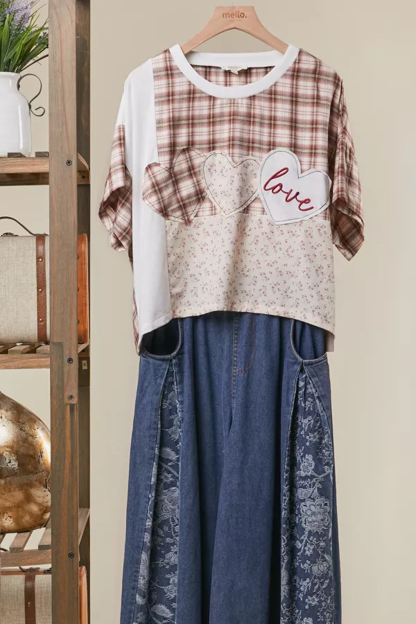 wholesale clothing plaid patchwork 3/4 sleeve top heart accent mello