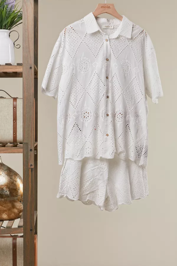 wholesale clothing short sleeve collared button down lace shirt mello