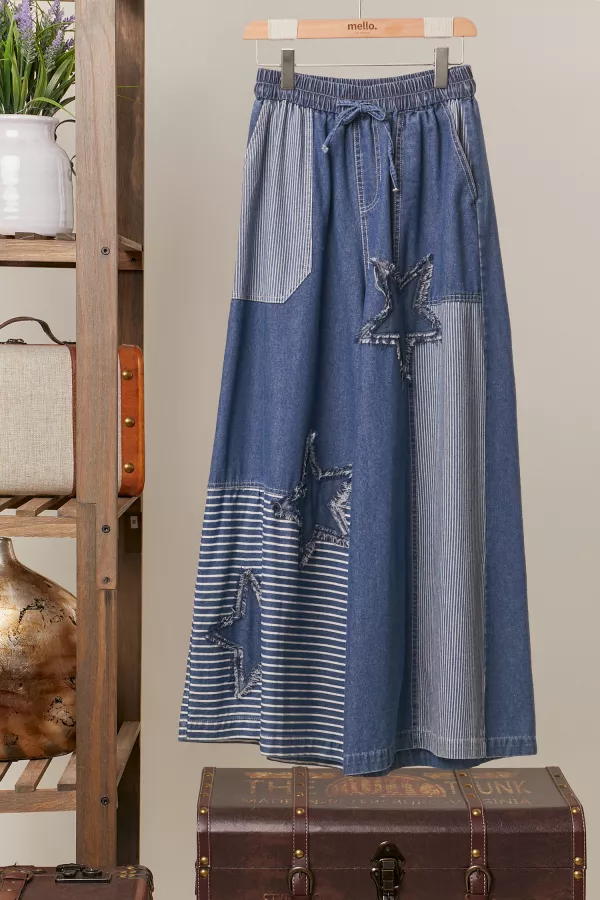 wholesale clothing frayed star patch denim wide pants mello