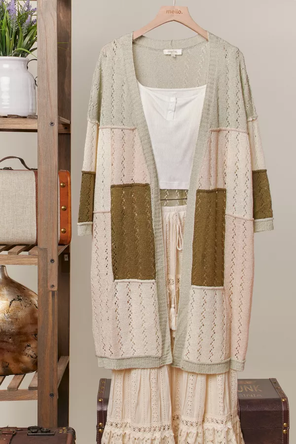 wholesale clothing color block patch pocket long cardigan mello