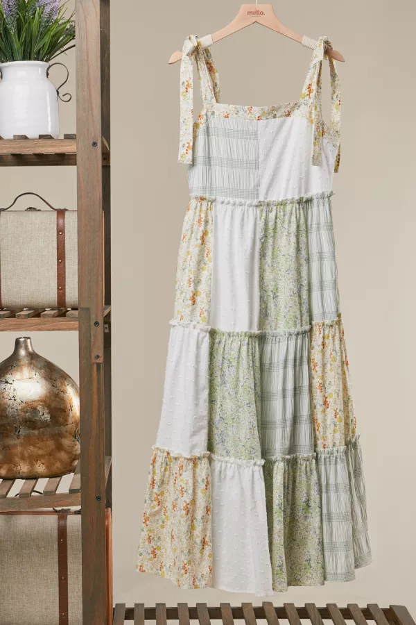 wholesale clothing patchwork tie-shoulder tiered maxi dress mello