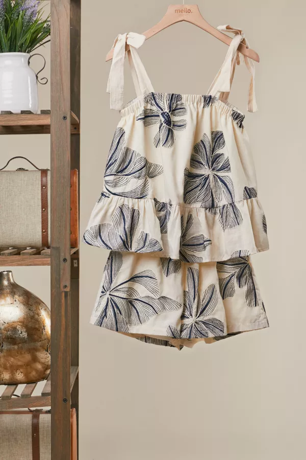 wholesale clothing floral print tie-shoulder tiered top mello