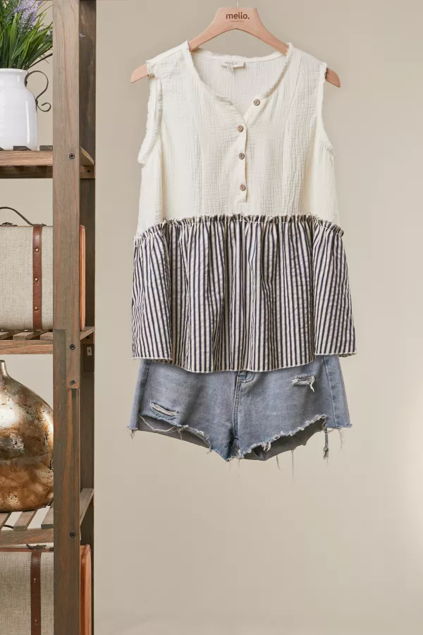 wholesale clothing striped tiered button sleeveless top mello