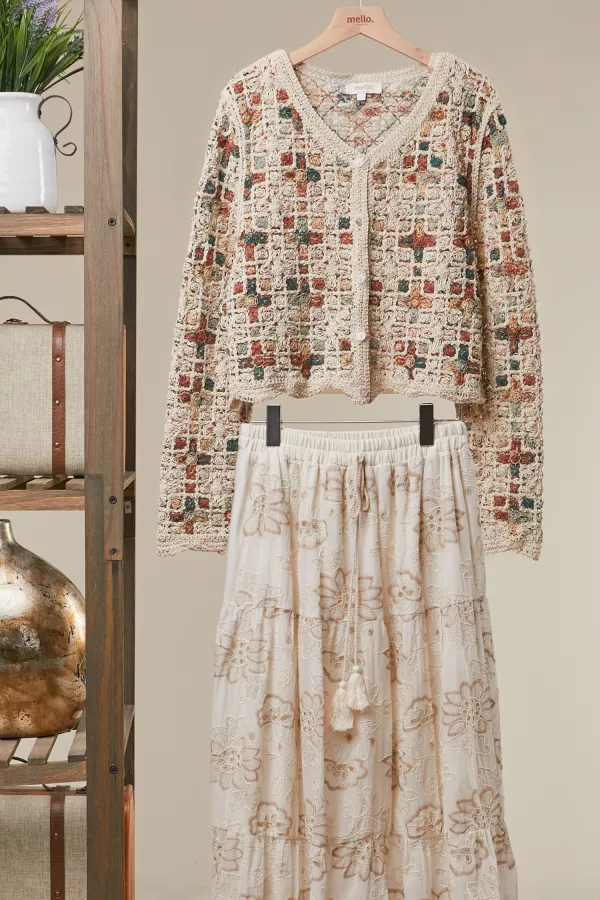 wholesale clothing boho patchwork crochet button cardigan mello