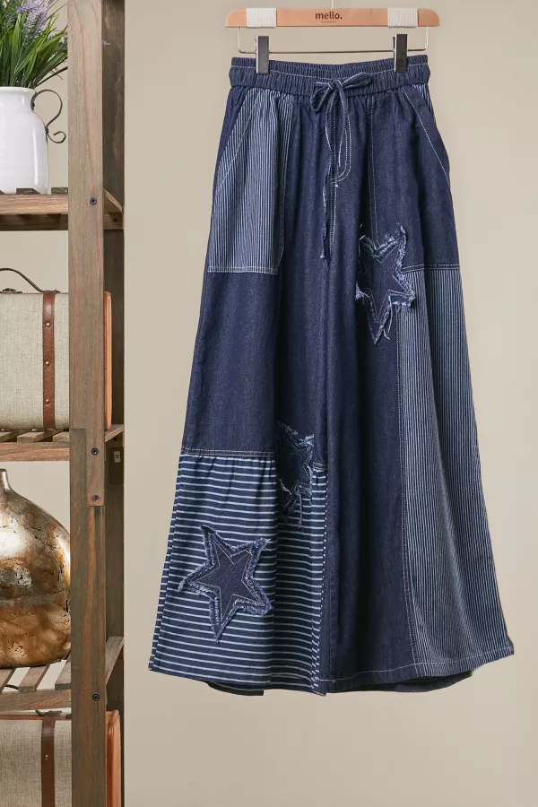 wholesale clothing frayed star patch denim wide pants mello