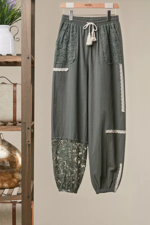 wholesale clothing lace accents patchwork crochet jogger pants mello