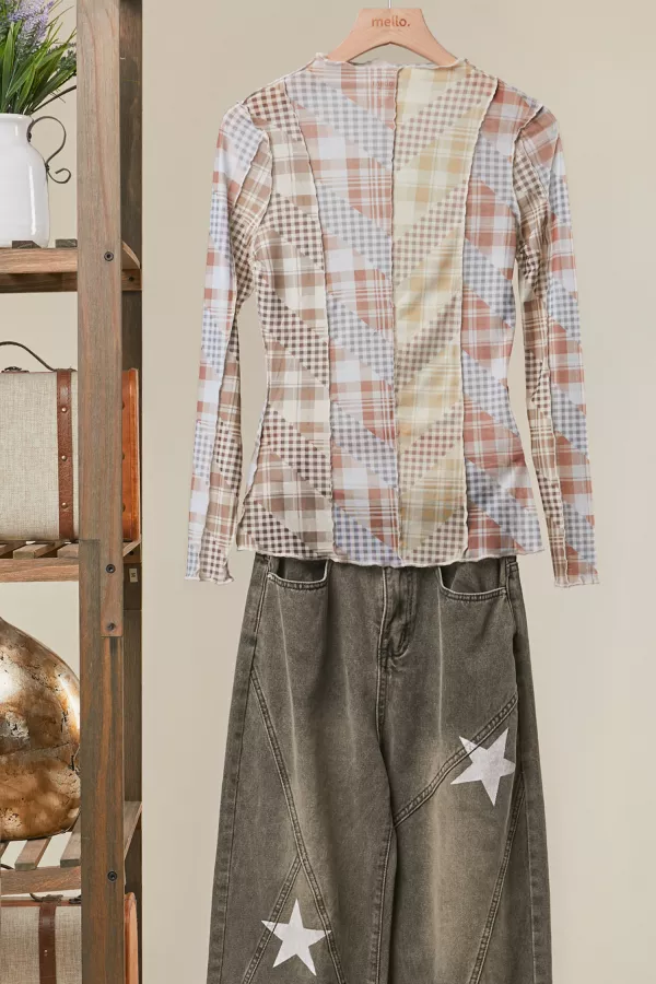 wholesale clothing checker mix mesh top mello