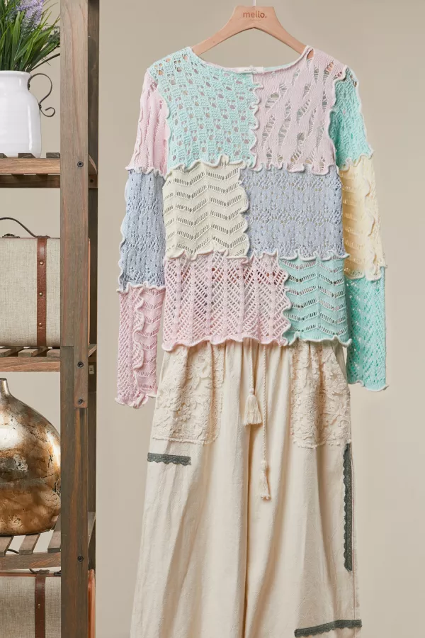 wholesale clothing stretch crochet patchwork sweater mello