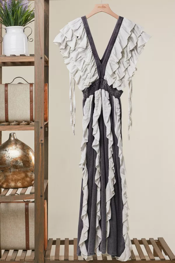 wholesale clothing soft tiered ruffle v-neck maxi dress mello