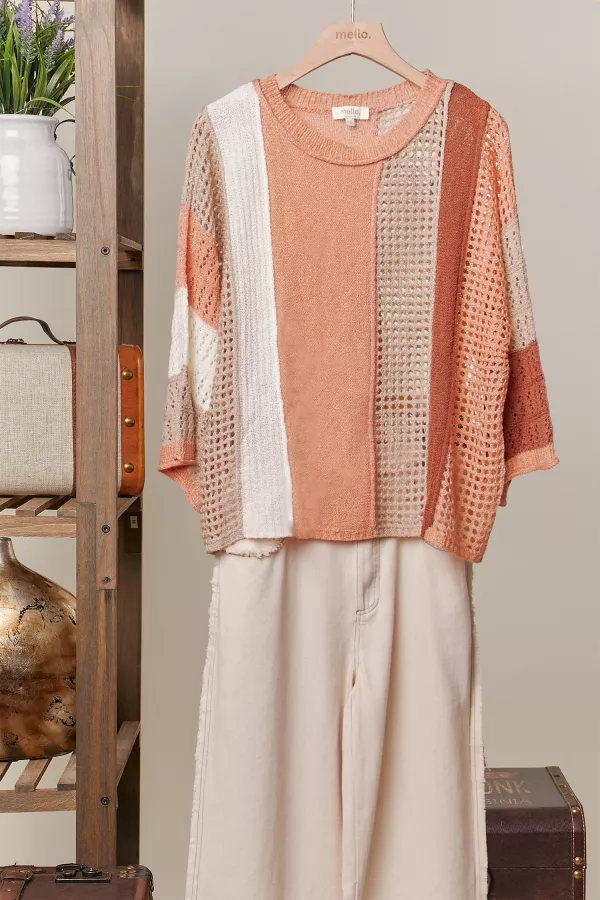 wholesale clothing contrast striped short sleeve knit top mello