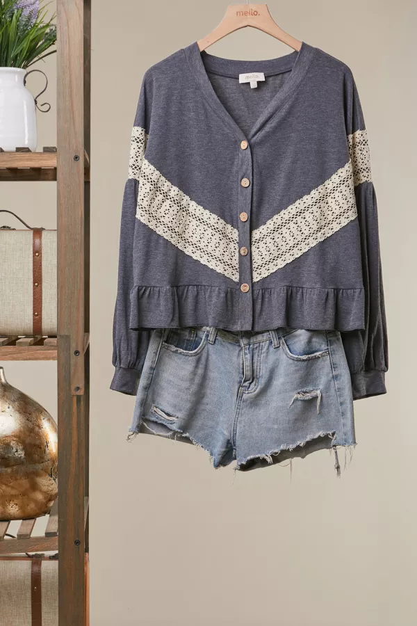 wholesale clothing soft lace trim knit button cardigan mello
