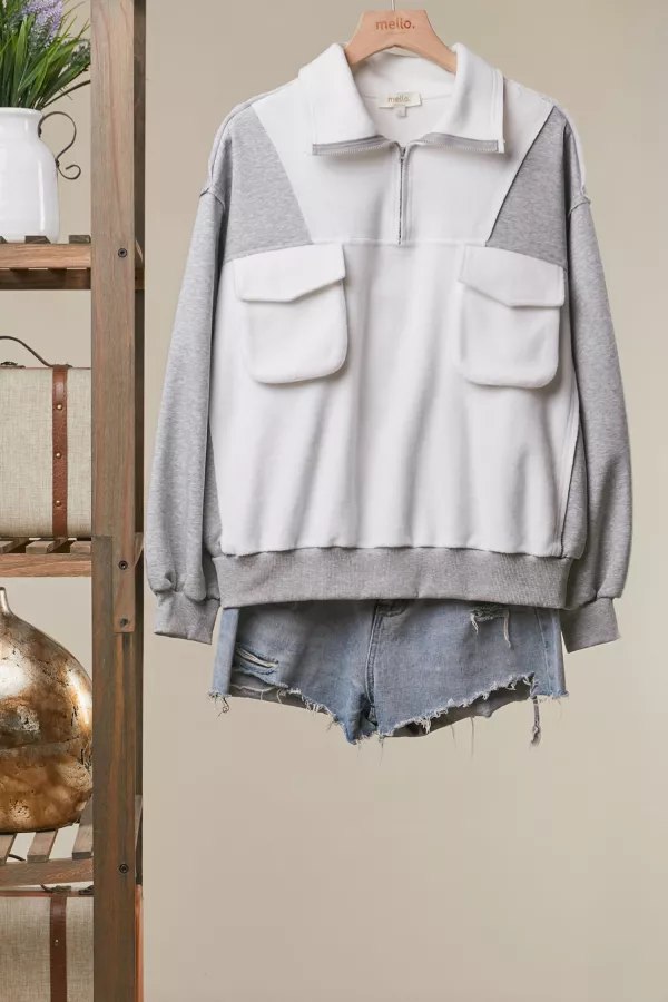 wholesale clothing colorblock half-zip pullover with pockets mello