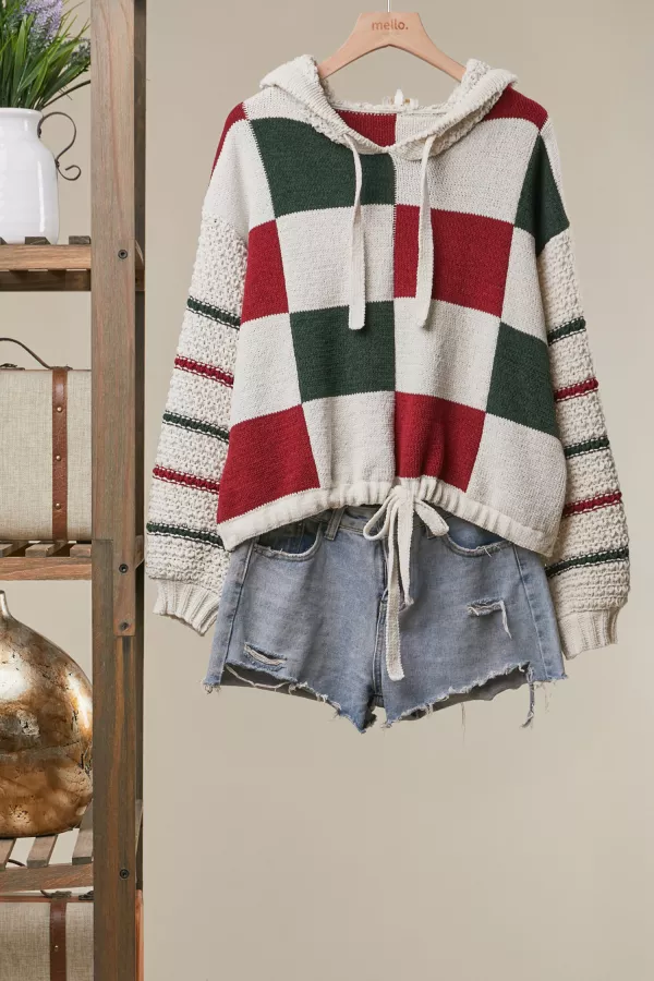 wholesale clothing christmas colorblock plaid hooded knit sweater mello