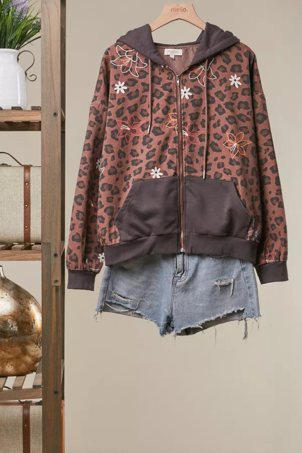 wholesale clothing leopard floral print zip-up hoodie jacket mello