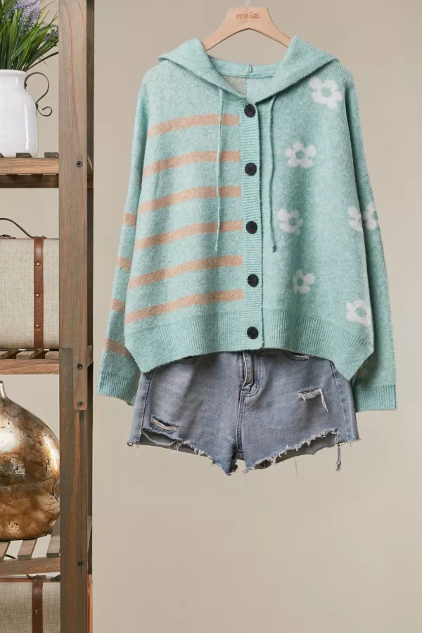 wholesale clothing floral stripe hooded cardigan mello