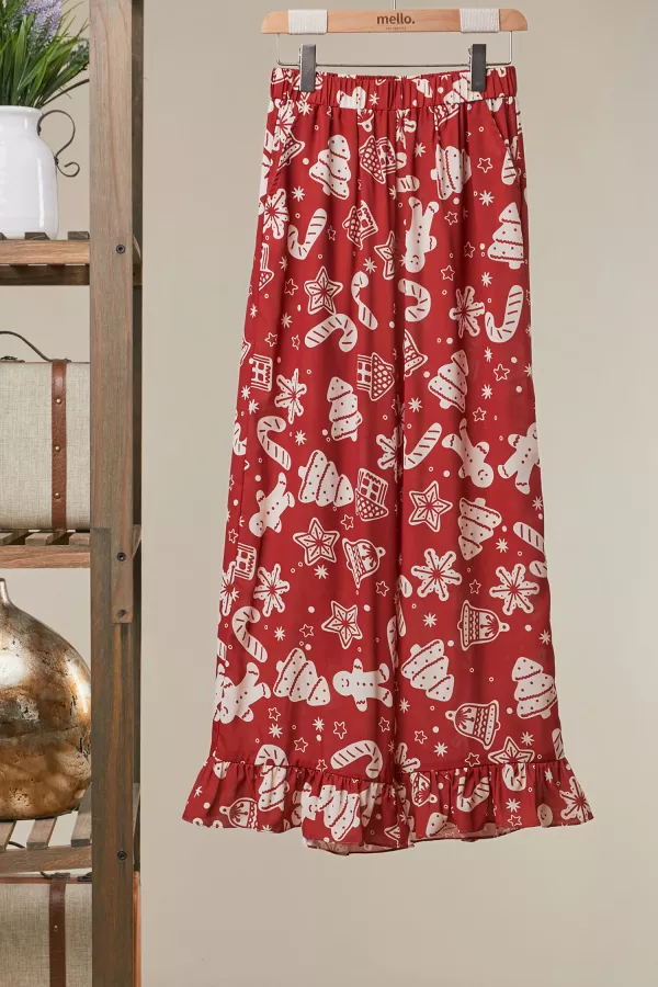 wholesale clothing christmas printed wide-leg pants with ruffle hem mello