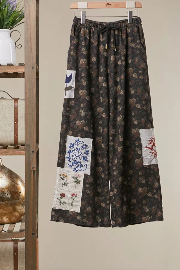 wholesale clothing floral print patchwork wide-leg pants mello