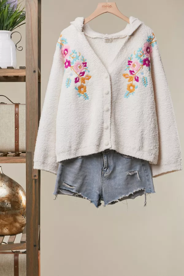 wholesale clothing floral embroidered hooded cardigan mello
