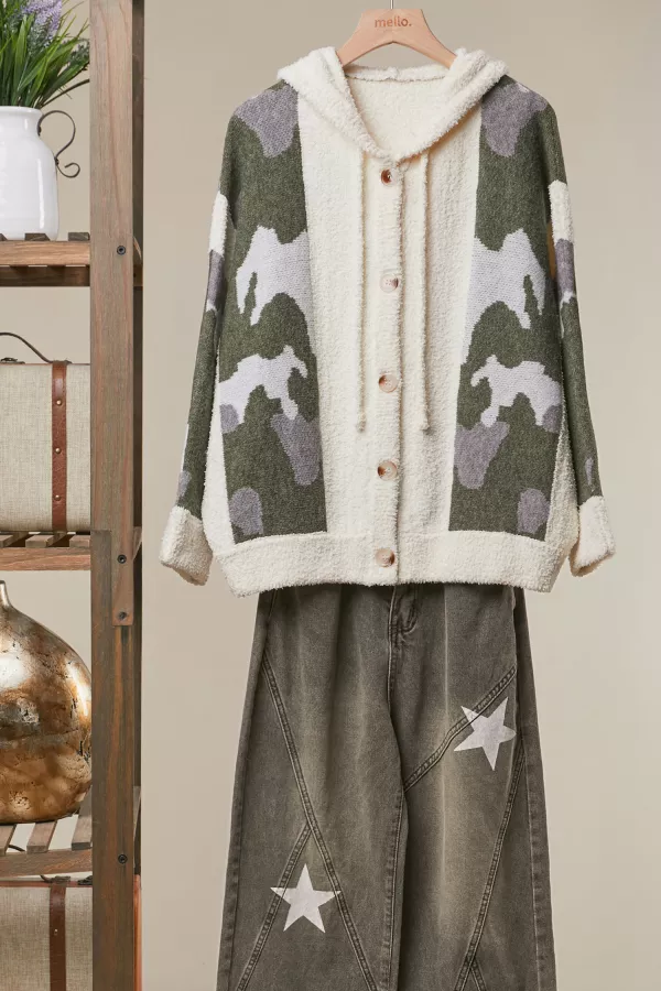 wholesale clothing camo knit cardigan with button front mello