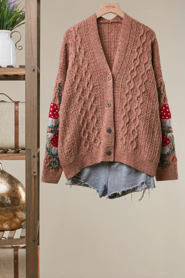 wholesale clothing button-up embroidered cable knit cardigan mello