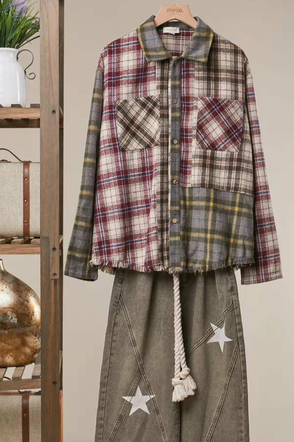 wholesale clothing mixed plaid patchwork button-up shirt mello
