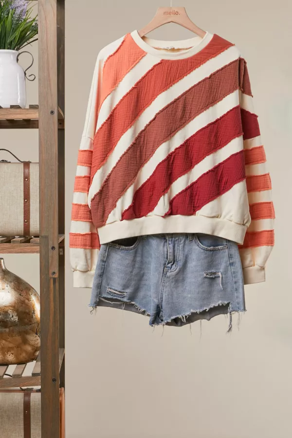 wholesale clothing colorblock textured stripe pullover top mello
