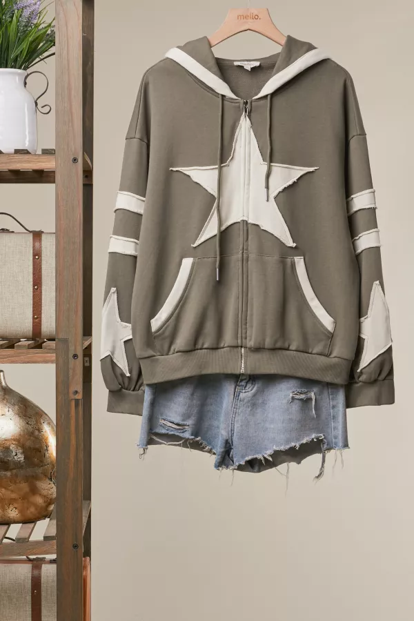wholesale clothing stripe sleeves hooded sweatshirt with star patch mello