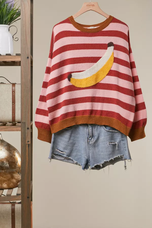 wholesale clothing cozy striped sweater with fun banana detail mello